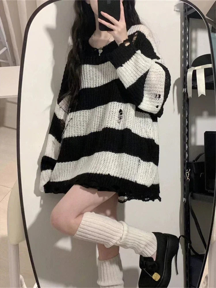 Knitted & Striped Oversized Pullover With Holes