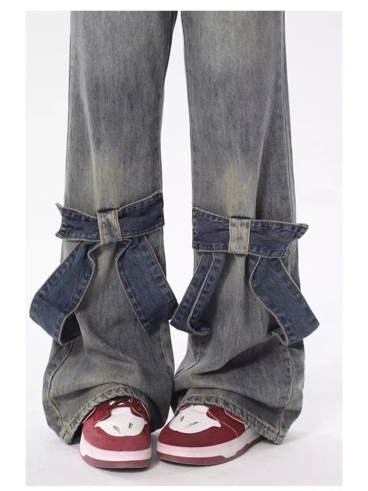 Y2K Style Wide-Leg Jeans With Ribbon Applications