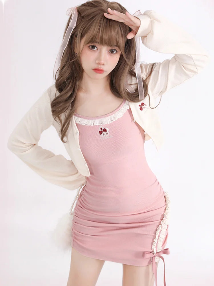 Kawaii Style Two Piece Set: Cute Cardigan + Ruched Lace Dress