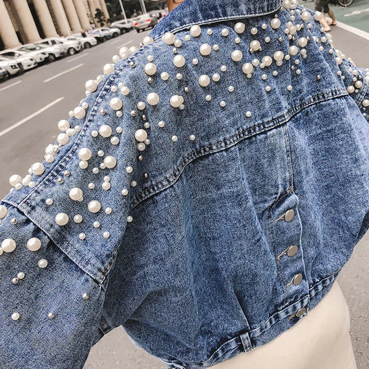 Cropped Denim Jacket With Decorative Pearls