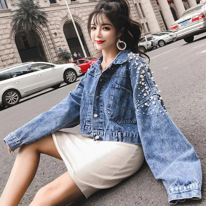 Cropped Denim Jacket With Decorative Pearls