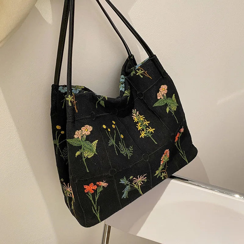 Flower Embroidered Tote Bag