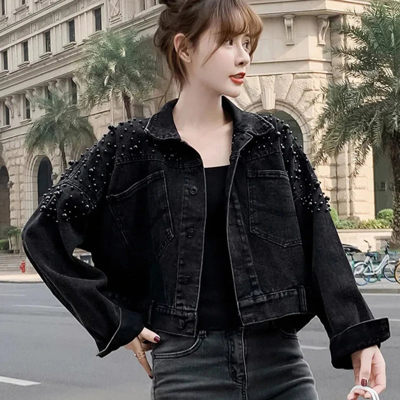 Cropped Denim Jacket With Decorative Pearls