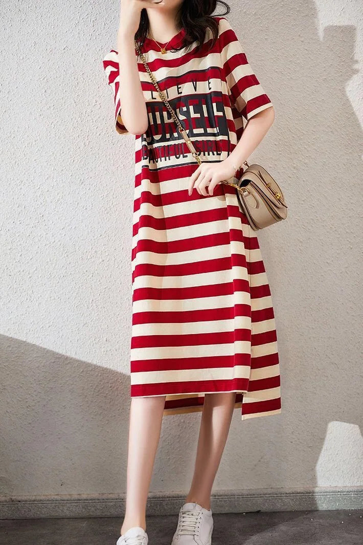 Striped Short-Sleeved Midi Dress