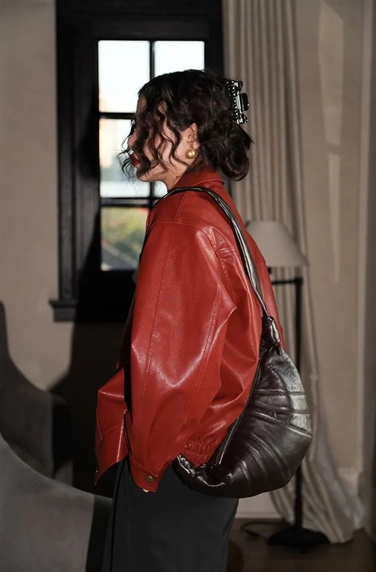 Red Faux Leather Jacket With Zipper