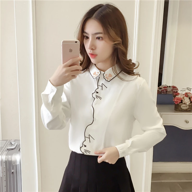 Collared Blouse With Cat Embroidery - Asian Fashion androidgameshub