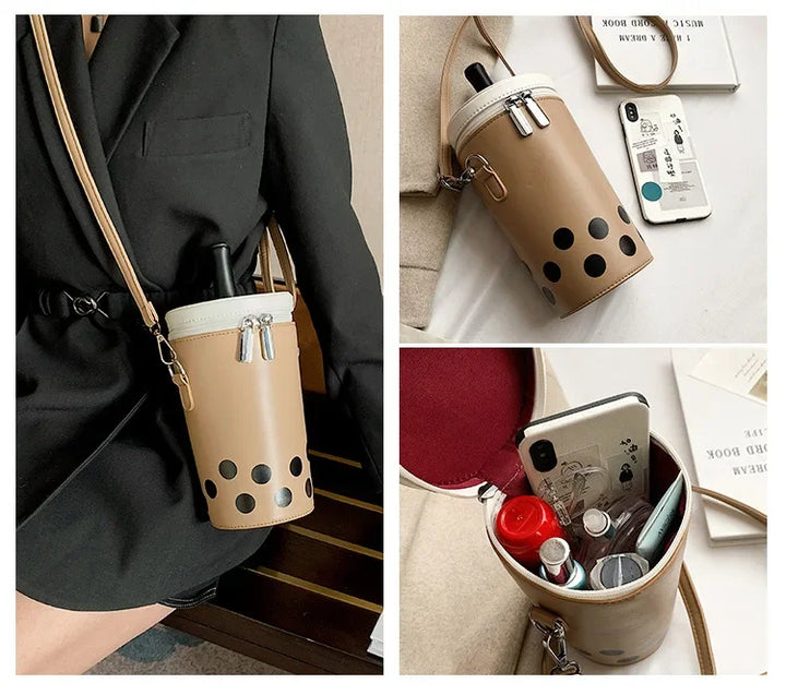 Cute Bubble Boba Tea Cross Body Bucket Bag